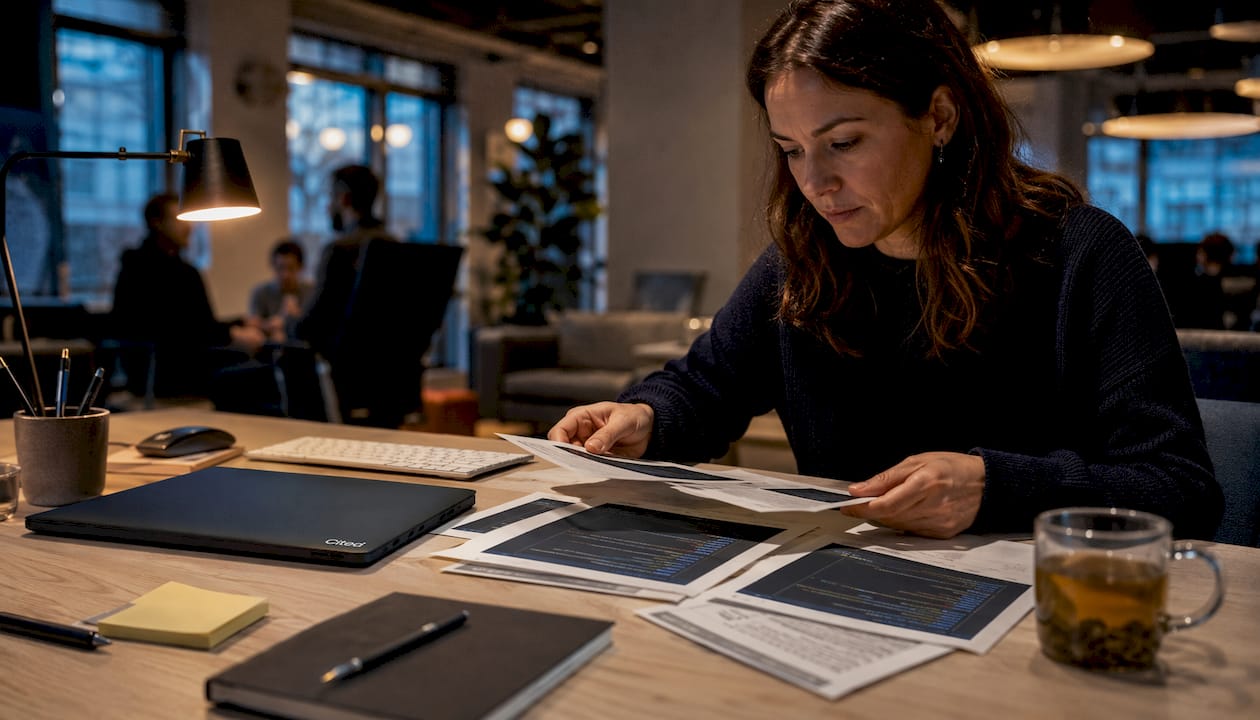Hands reviewing code on papers at navy desk with blue lamp