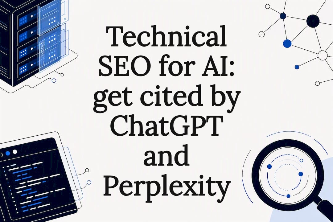 Decorative technical SEO for AI title card illustration