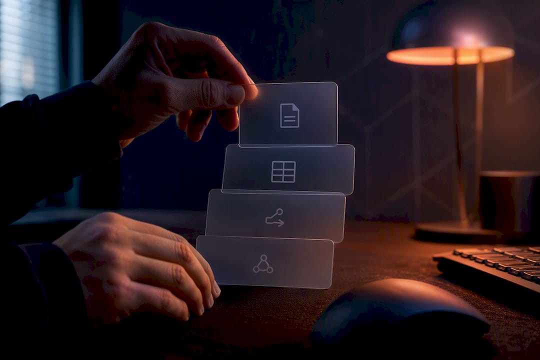 Close-up hands manipulating glass data panels in dark workspace