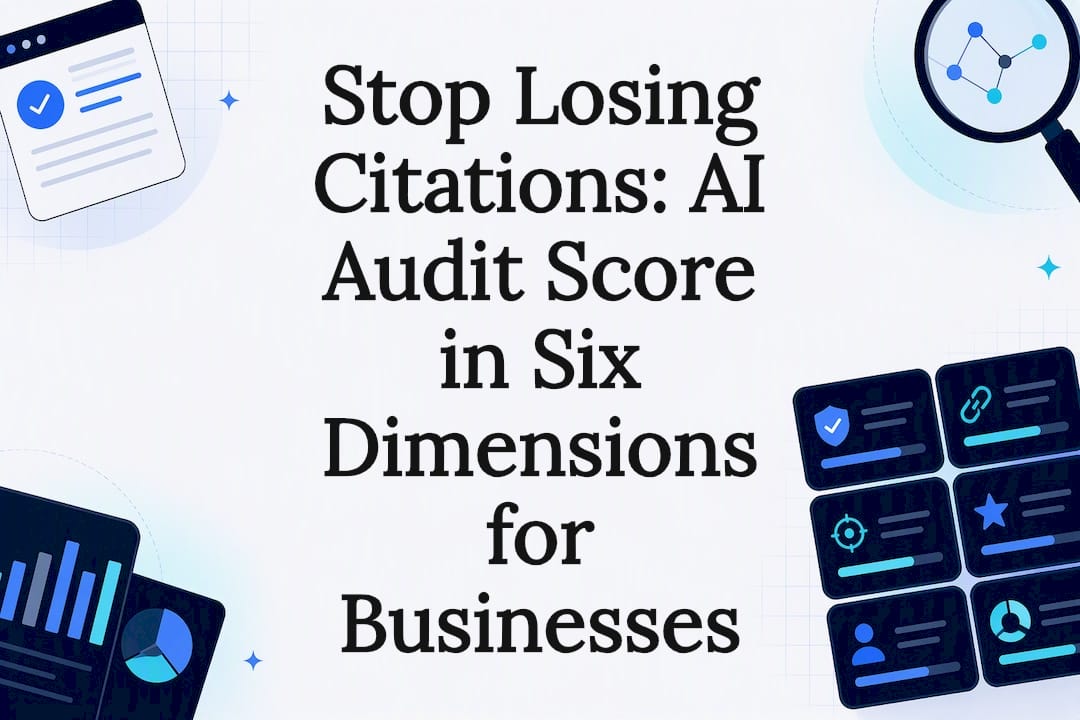 Dark title card showing six audit score panels